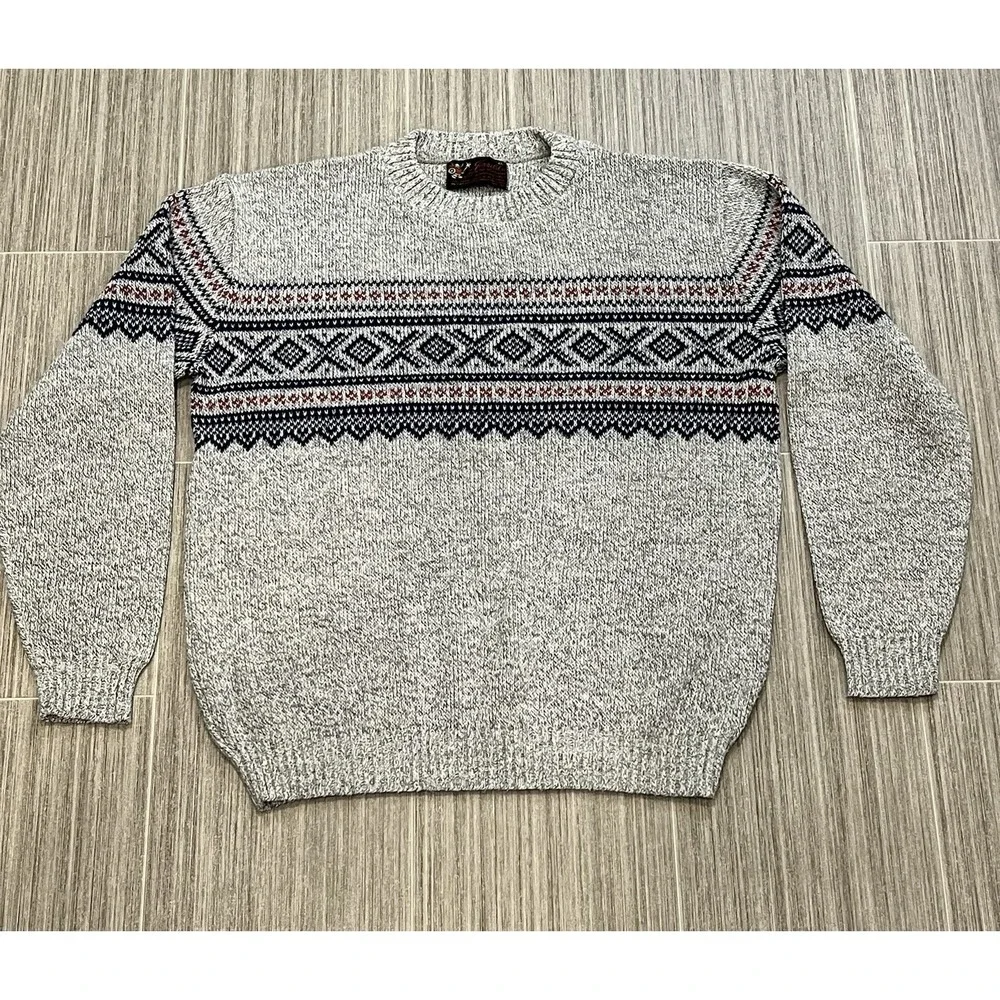 Vtg Jersild Fair Isle Nordic Knit Sweater Crewneck Grey Red Black Men's XL USA